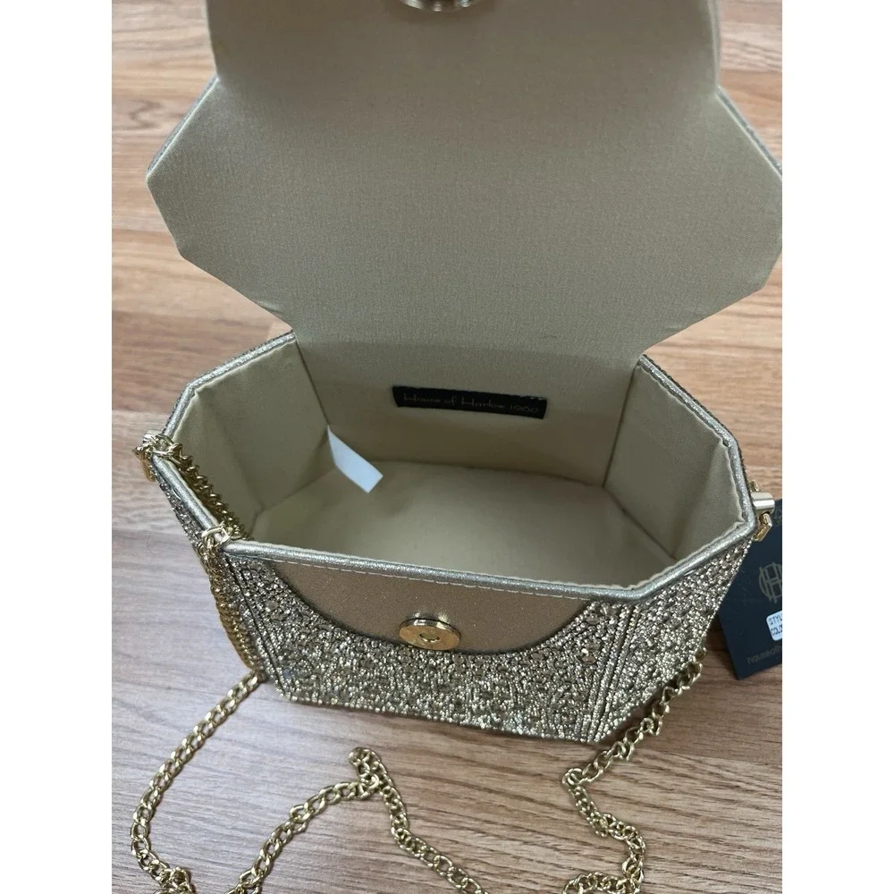 House of Harlow 1960 Champagne Rhinestone Evening Bag, Removable Strap NEW